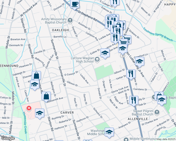 map of restaurants, bars, coffee shops, grocery stores, and more near 2014 O Connor Street in Mobile