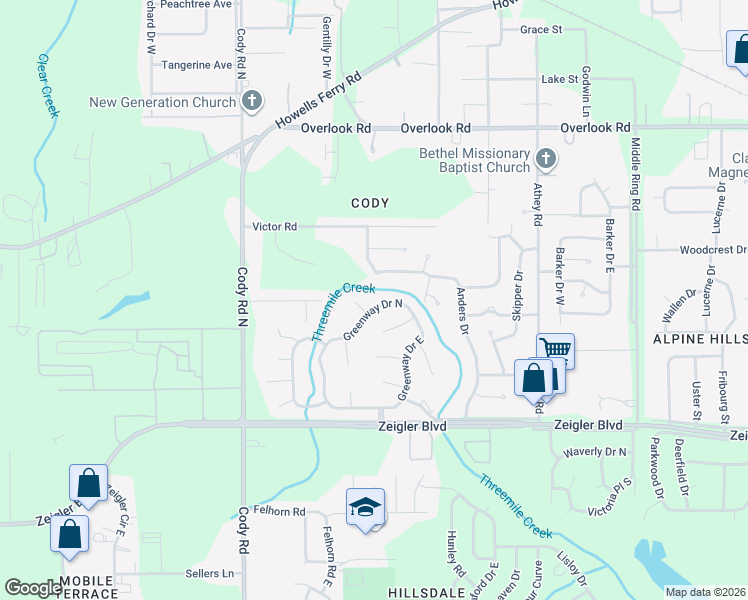 map of restaurants, bars, coffee shops, grocery stores, and more near 6851 Anders Drive in Mobile