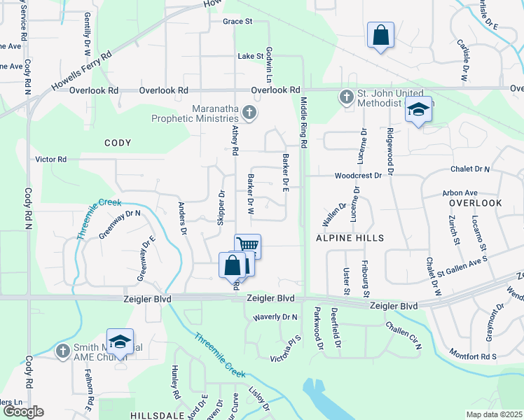 map of restaurants, bars, coffee shops, grocery stores, and more near 1207 Saber Court in Mobile