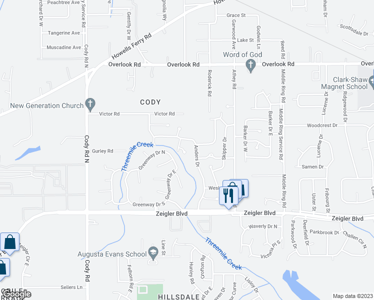 map of restaurants, bars, coffee shops, grocery stores, and more near 6752 Glascow Court in Mobile