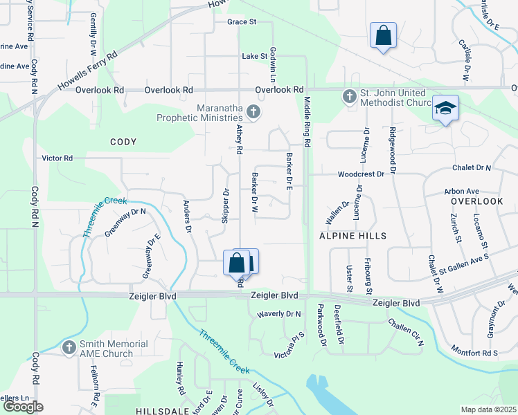 map of restaurants, bars, coffee shops, grocery stores, and more near 1206 Barker Drive West in Mobile