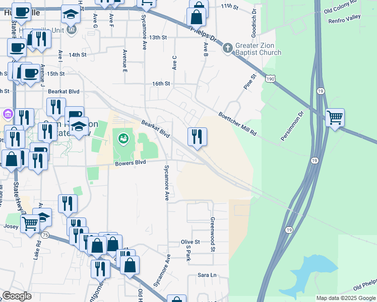 map of restaurants, bars, coffee shops, grocery stores, and more near Bear Kat Boulevard in Huntsville