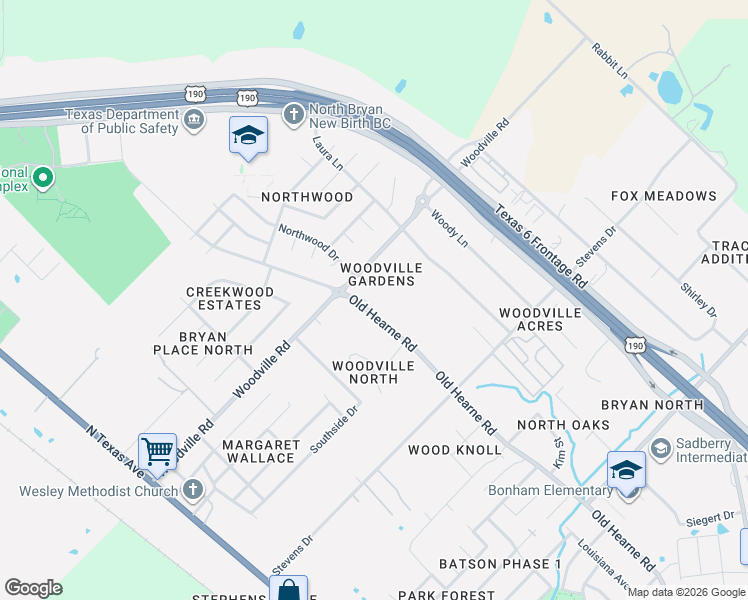 map of restaurants, bars, coffee shops, grocery stores, and more near 3117 Woodville Road in Bryan