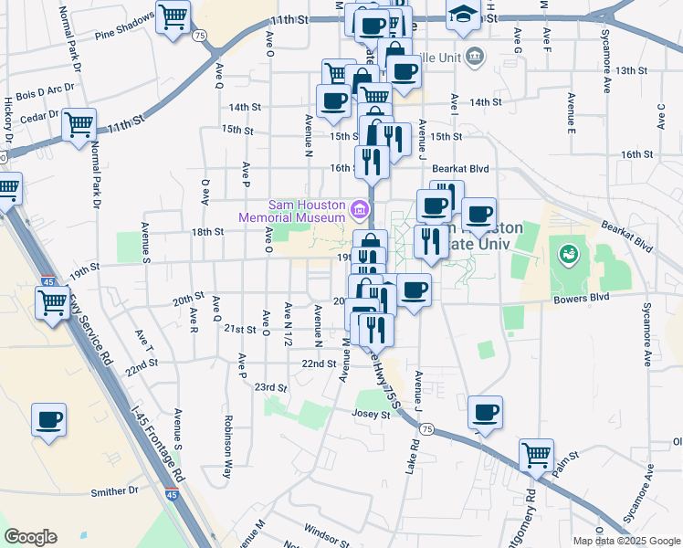 map of restaurants, bars, coffee shops, grocery stores, and more near 1901 Avenue M in Huntsville