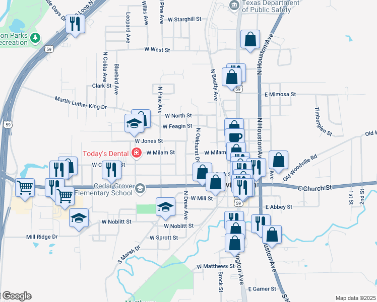 map of restaurants, bars, coffee shops, grocery stores, and more near 719 North Oakhurst Drive in Livingston