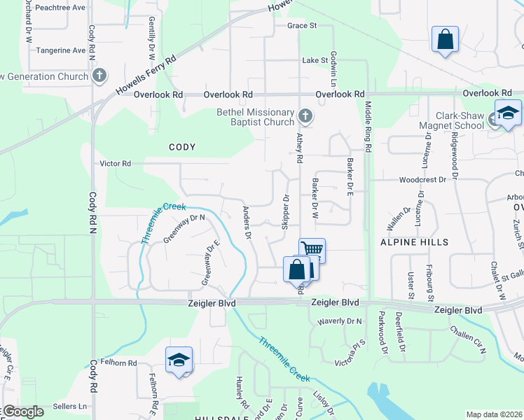 map of restaurants, bars, coffee shops, grocery stores, and more near 1253 Devander Drive East in Mobile
