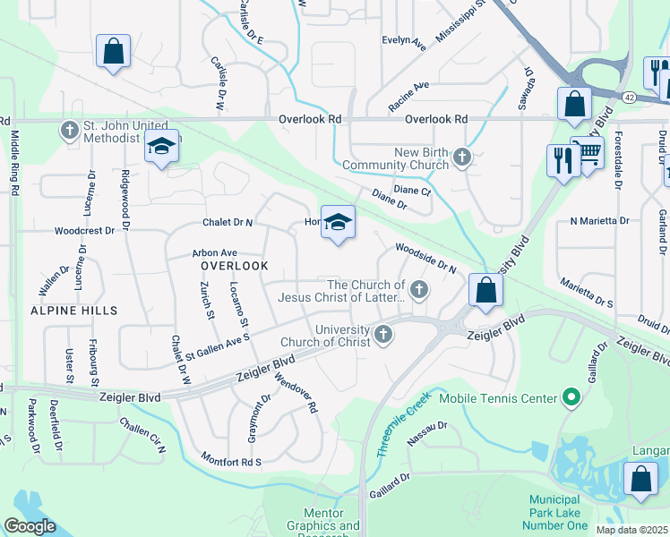 map of restaurants, bars, coffee shops, grocery stores, and more near 5750 Summit Avenue in Mobile