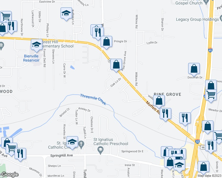 map of restaurants, bars, coffee shops, grocery stores, and more near 1202 Oak Lane Drive in Mobile