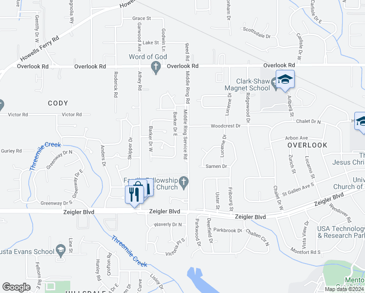 map of restaurants, bars, coffee shops, grocery stores, and more near 1209 Middle Ring Road in Mobile