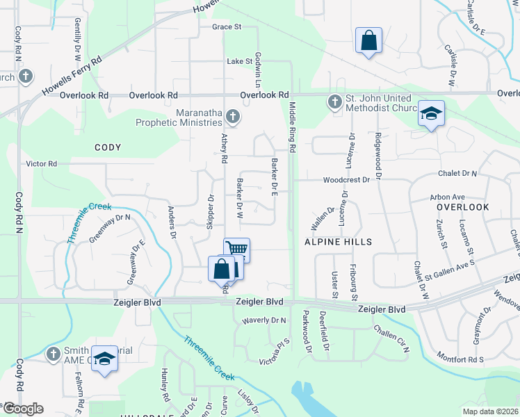 map of restaurants, bars, coffee shops, grocery stores, and more near 1208 Saber Court in Mobile