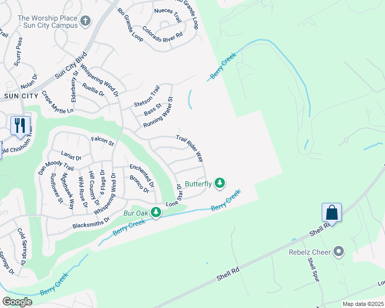 map of restaurants, bars, coffee shops, grocery stores, and more near 124 Bluebell Drive in Georgetown