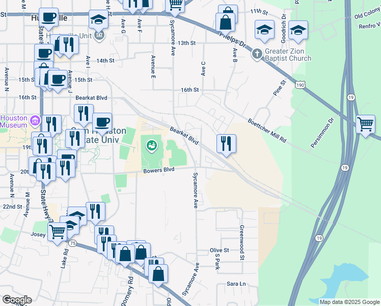 map of restaurants, bars, coffee shops, grocery stores, and more near Sycamore Avenue in Huntsville