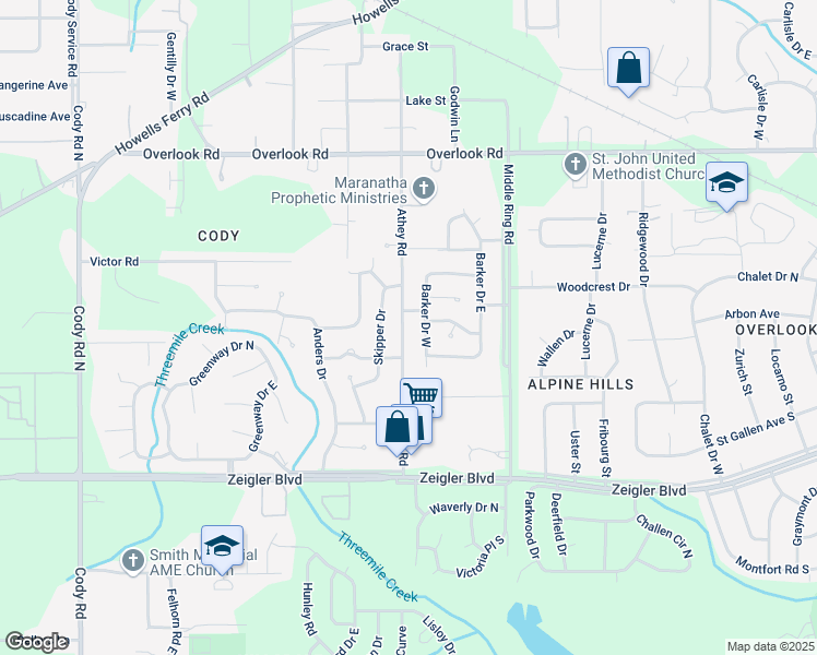 map of restaurants, bars, coffee shops, grocery stores, and more near 1213 Athey Road in Mobile