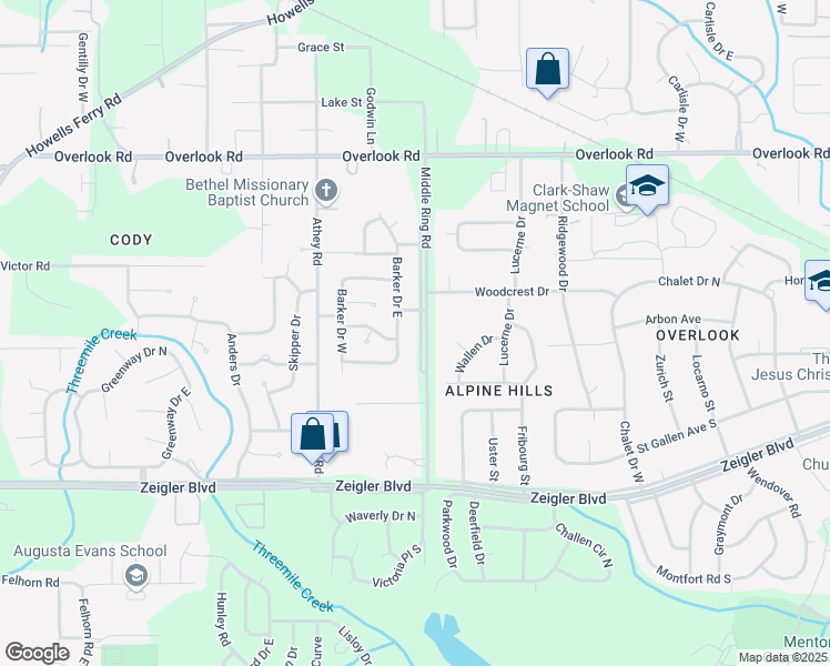 map of restaurants, bars, coffee shops, grocery stores, and more near 1211 Middle Ring Road in Mobile