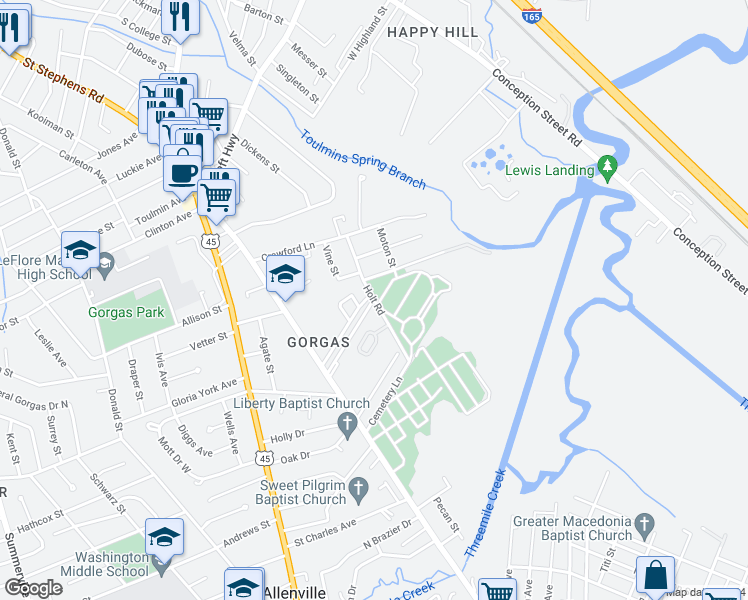 map of restaurants, bars, coffee shops, grocery stores, and more near 598 Yukers Street in Mobile