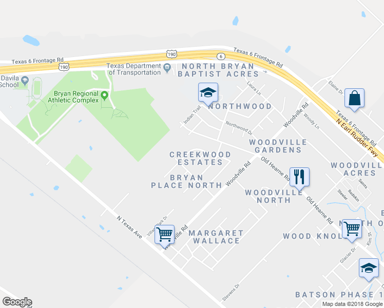 map of restaurants, bars, coffee shops, grocery stores, and more near 4522 Woodbend Drive in Bryan