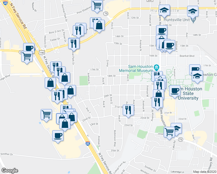 map of restaurants, bars, coffee shops, grocery stores, and more near 1902 Avenue Q in Huntsville