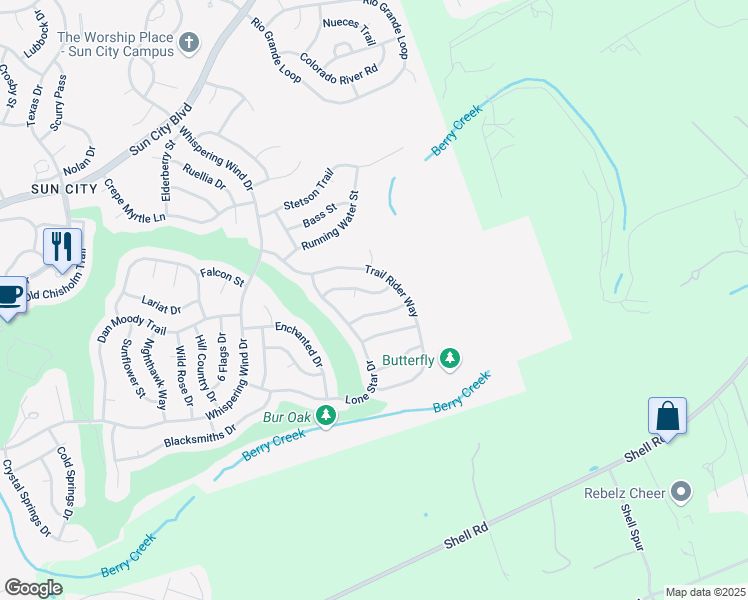 map of restaurants, bars, coffee shops, grocery stores, and more near 127 Anemone Way in Georgetown