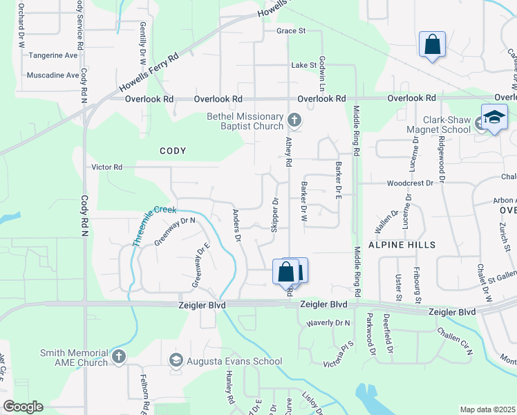 map of restaurants, bars, coffee shops, grocery stores, and more near 1256 Devander Drive in Mobile