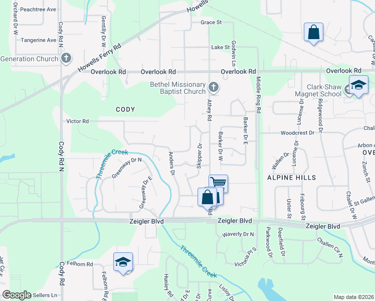 map of restaurants, bars, coffee shops, grocery stores, and more near 1253 Devander Drive East in Mobile