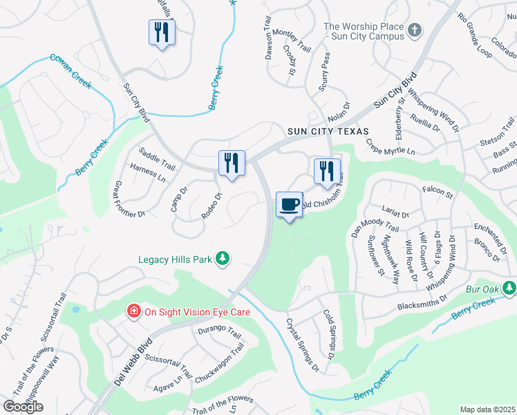 map of restaurants, bars, coffee shops, grocery stores, and more near 104 Larkspur Lane in Georgetown
