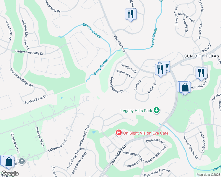 map of restaurants, bars, coffee shops, grocery stores, and more near 149 Great Frontier Drive in Georgetown