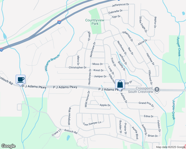 map of restaurants, bars, coffee shops, grocery stores, and more near 418 Juniper Dr in Crestview