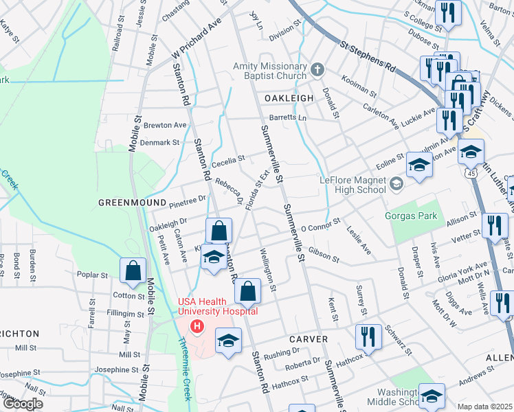 map of restaurants, bars, coffee shops, grocery stores, and more near 2260 Clinton Street in Mobile