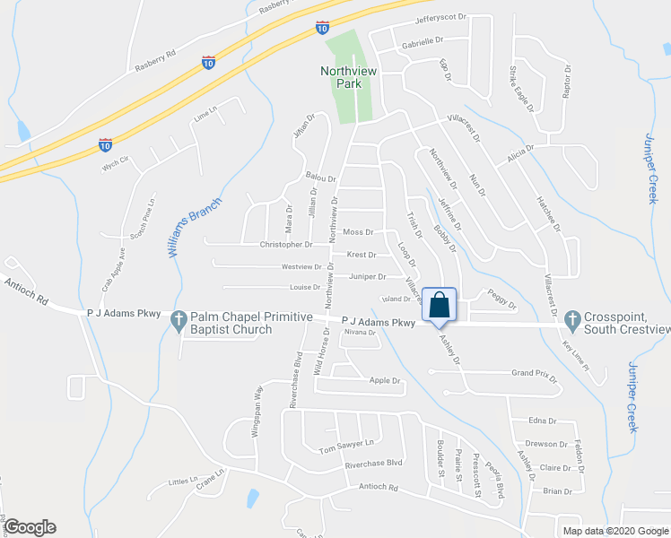 map of restaurants, bars, coffee shops, grocery stores, and more near 420 Juniper Drive in Crestview