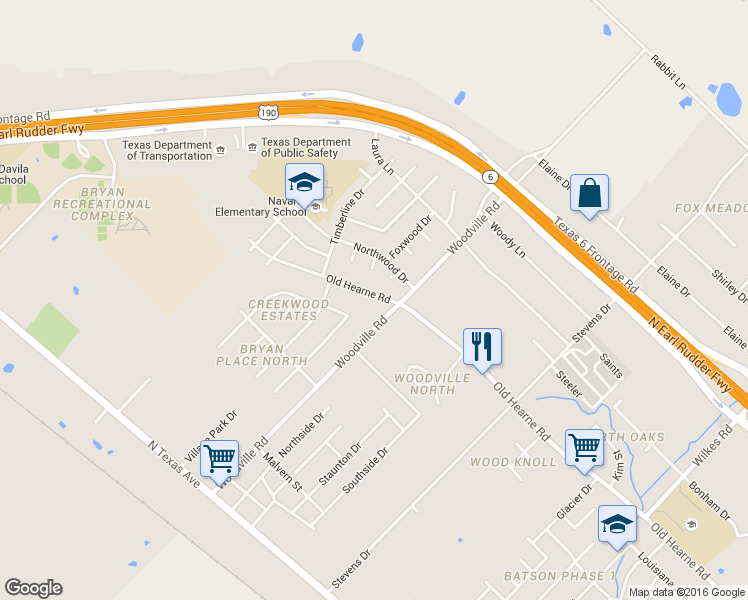 map of restaurants, bars, coffee shops, grocery stores, and more near 4404 Old Hearne Road in Bryan