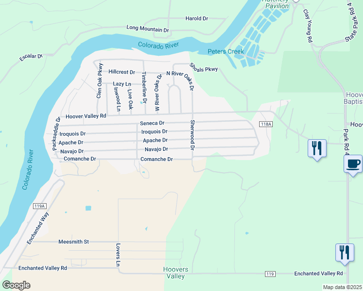 map of restaurants, bars, coffee shops, grocery stores, and more near 524 Navajo Drive in Burnet