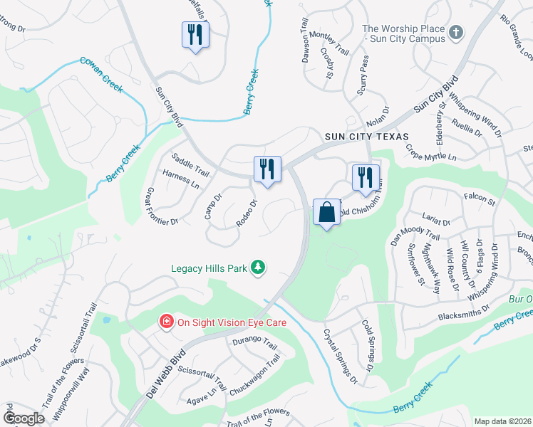 map of restaurants, bars, coffee shops, grocery stores, and more near 125 Verbena Drive in Georgetown
