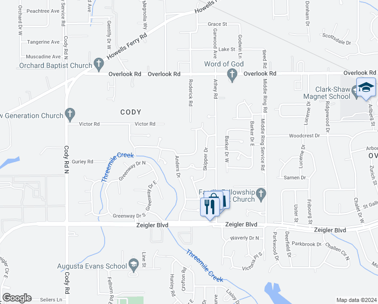 map of restaurants, bars, coffee shops, grocery stores, and more near 6654 Devander Drive South in Mobile