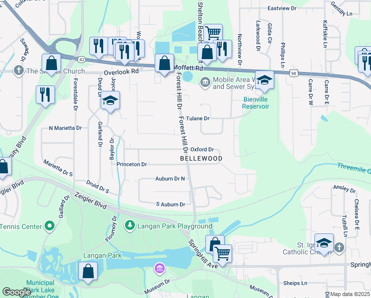 map of restaurants, bars, coffee shops, grocery stores, and more near 4800 Oxford Drive in Mobile