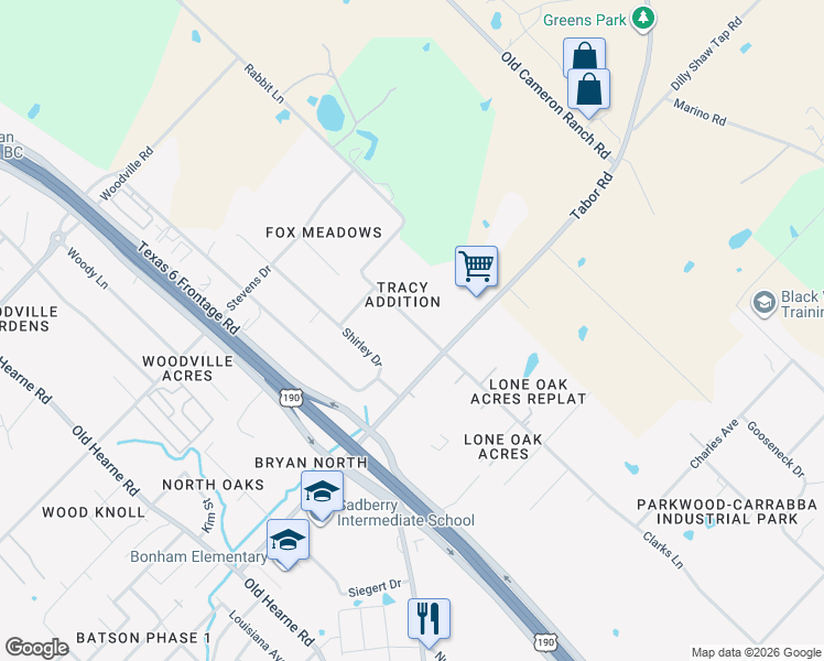 map of restaurants, bars, coffee shops, grocery stores, and more near 3605 Rabbit Lane in Bryan