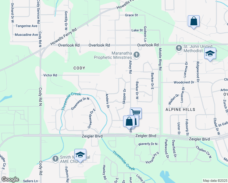 map of restaurants, bars, coffee shops, grocery stores, and more near 1253 Devander Drive East in Mobile