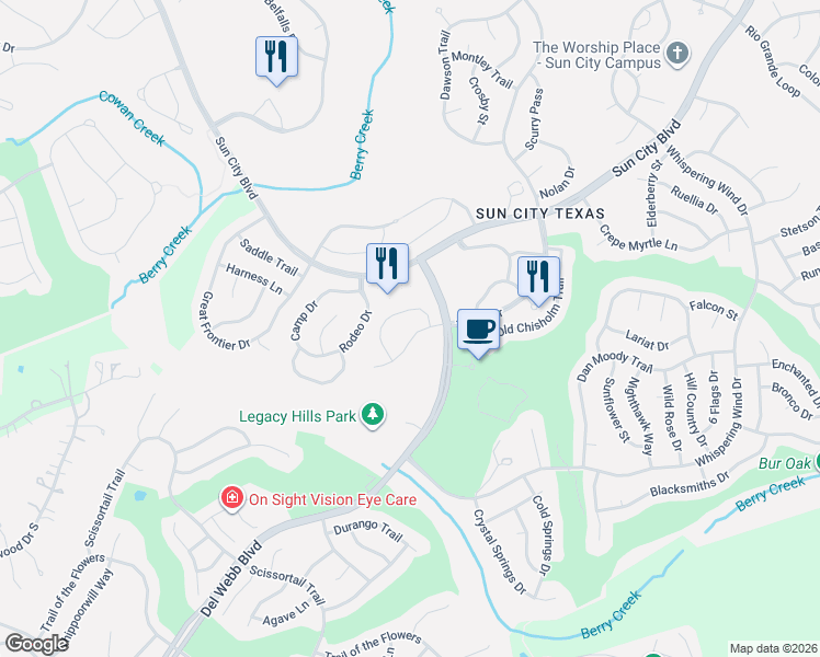 map of restaurants, bars, coffee shops, grocery stores, and more near 107 Larkspur Lane in Georgetown