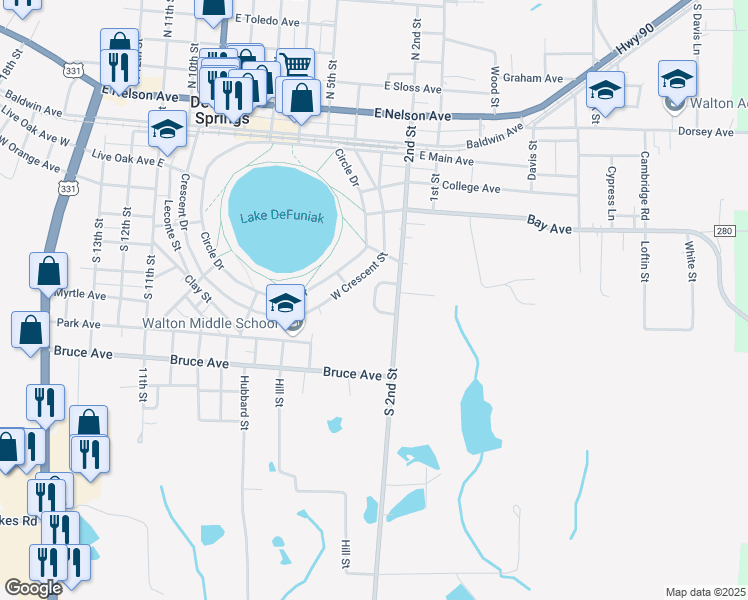 map of restaurants, bars, coffee shops, grocery stores, and more near 39 Oerting Drive in DeFuniak Springs