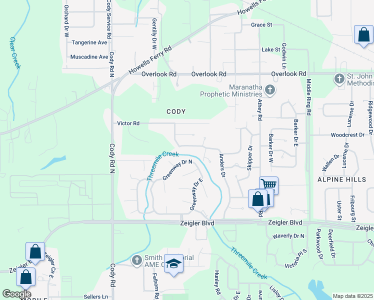map of restaurants, bars, coffee shops, grocery stores, and more near 6813 Anders Drive in Mobile