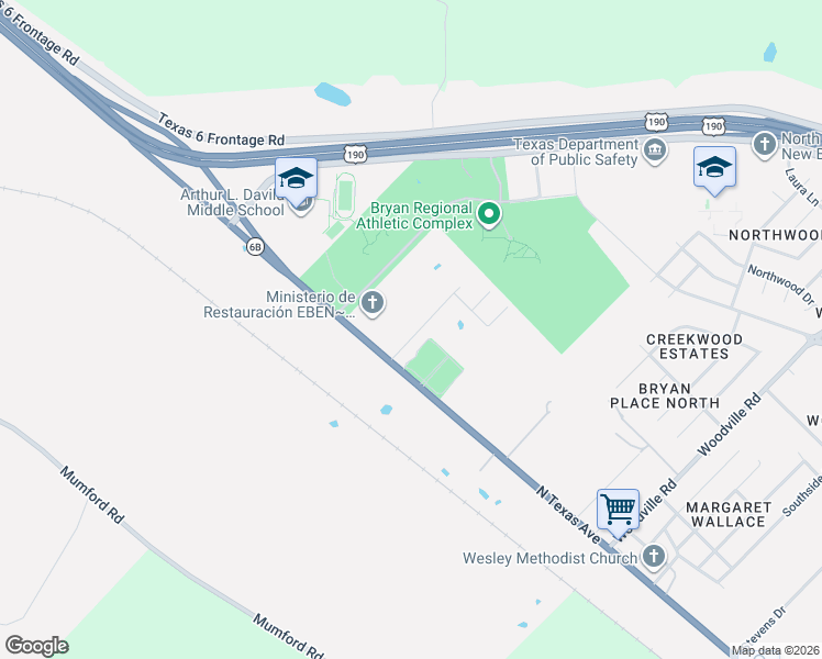 map of restaurants, bars, coffee shops, grocery stores, and more near 5300 North Texas Avenue in Bryan