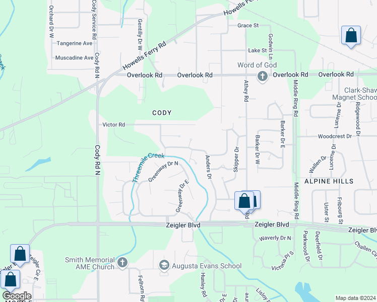 map of restaurants, bars, coffee shops, grocery stores, and more near 6801 Anders Drive in Mobile