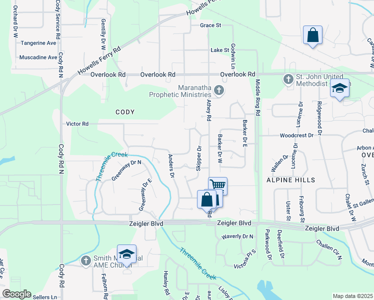 map of restaurants, bars, coffee shops, grocery stores, and more near 1253 Devander Drive East in Mobile