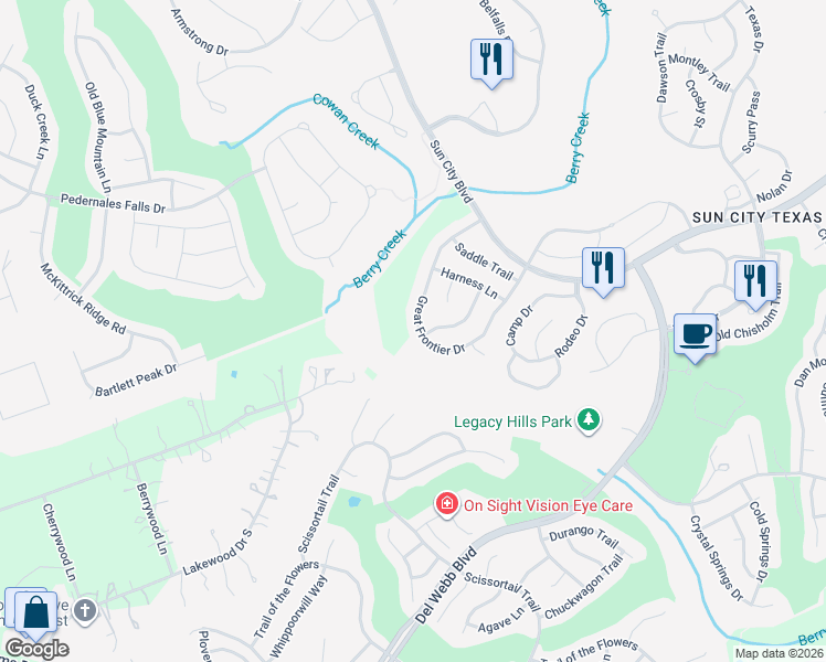 map of restaurants, bars, coffee shops, grocery stores, and more near 149 Great Frontier Drive in Georgetown