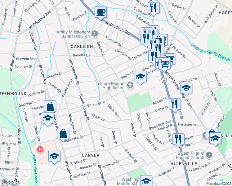 map of restaurants, bars, coffee shops, grocery stores, and more near 2014 O Connor Street in Mobile