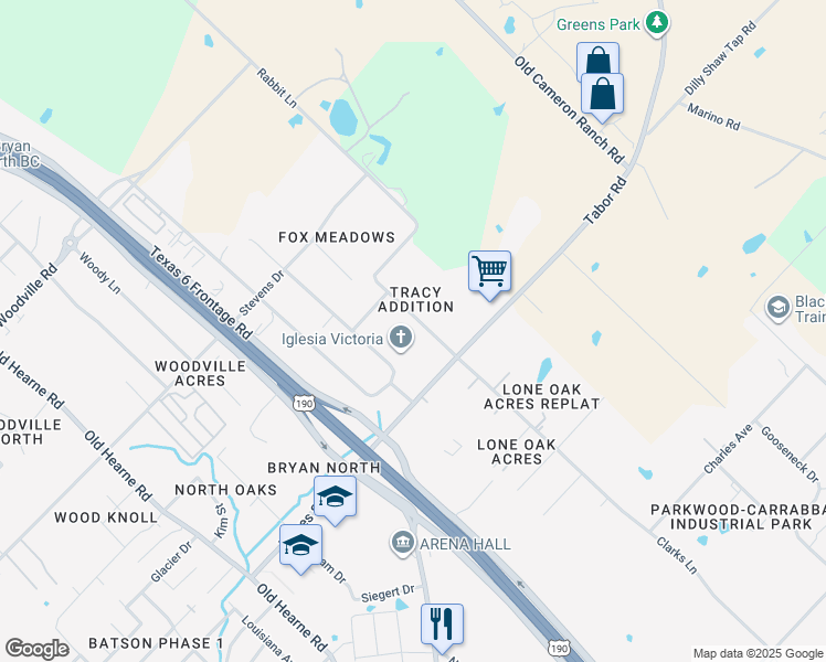 map of restaurants, bars, coffee shops, grocery stores, and more near 3605 Rabbit Ln in Bryan