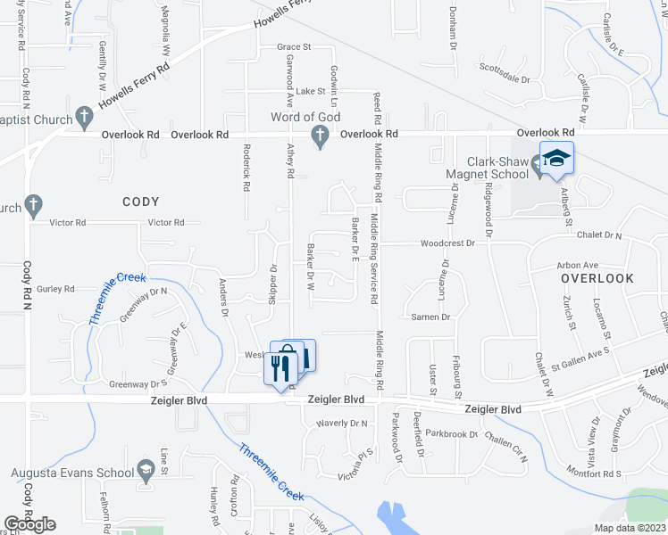 map of restaurants, bars, coffee shops, grocery stores, and more near 6458 Tanner Street in Mobile
