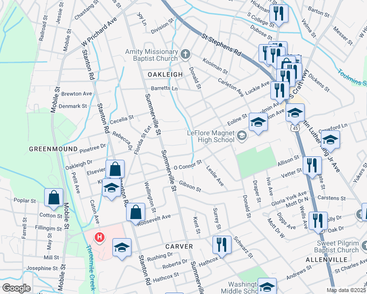 map of restaurants, bars, coffee shops, grocery stores, and more near 2155 Mimosa Drive in Mobile
