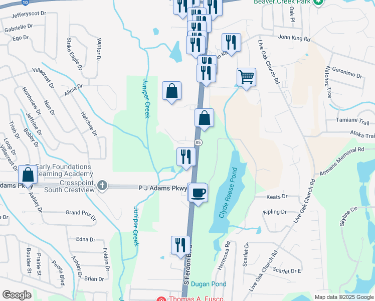 map of restaurants, bars, coffee shops, grocery stores, and more near 4840 South Ferdon Boulevard in Crestview