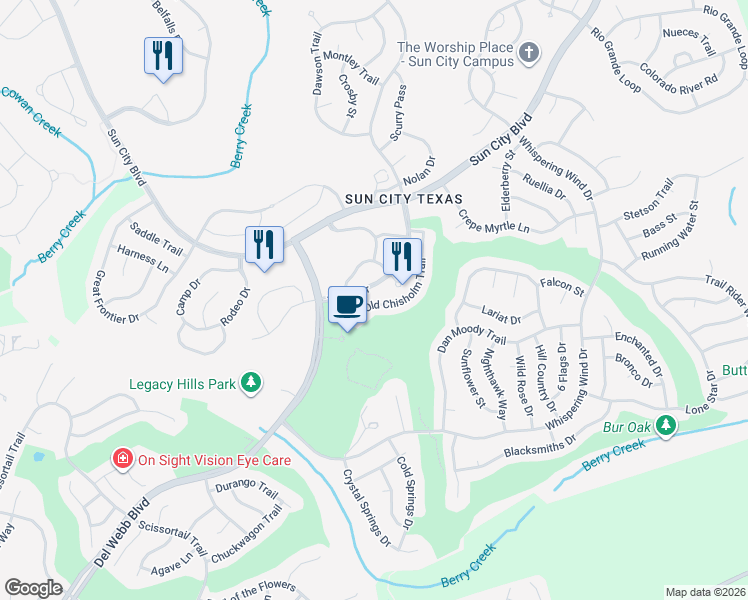 map of restaurants, bars, coffee shops, grocery stores, and more near 118 Old Chisholm Trail in Georgetown