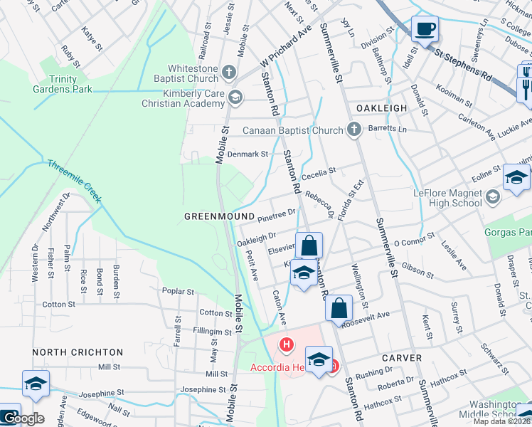 map of restaurants, bars, coffee shops, grocery stores, and more near 2458 Pinetree Dr in Mobile